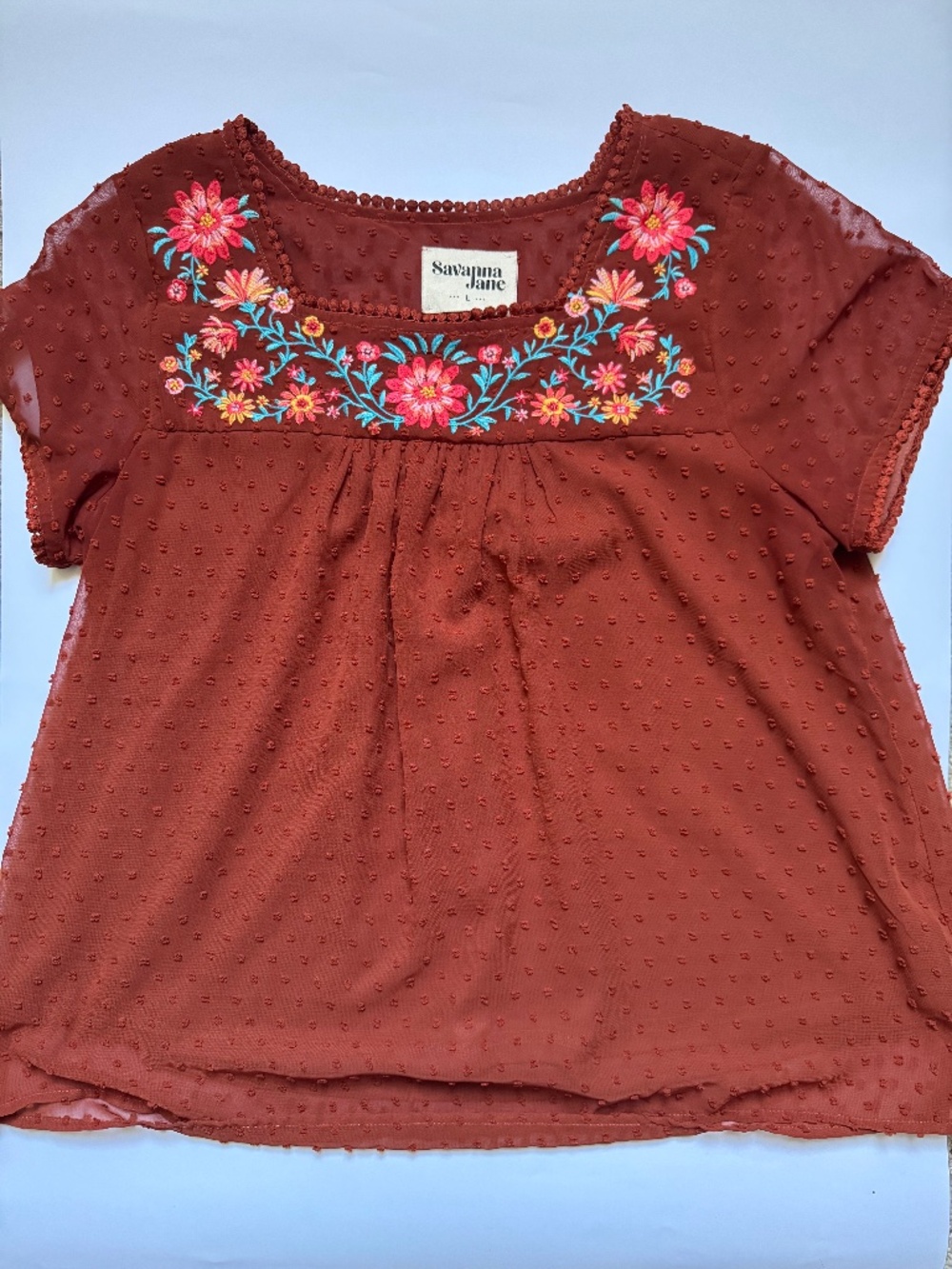 Savanna Jane Embroidered Floral Swiss Dot Peasant Blouse Brown Size Large